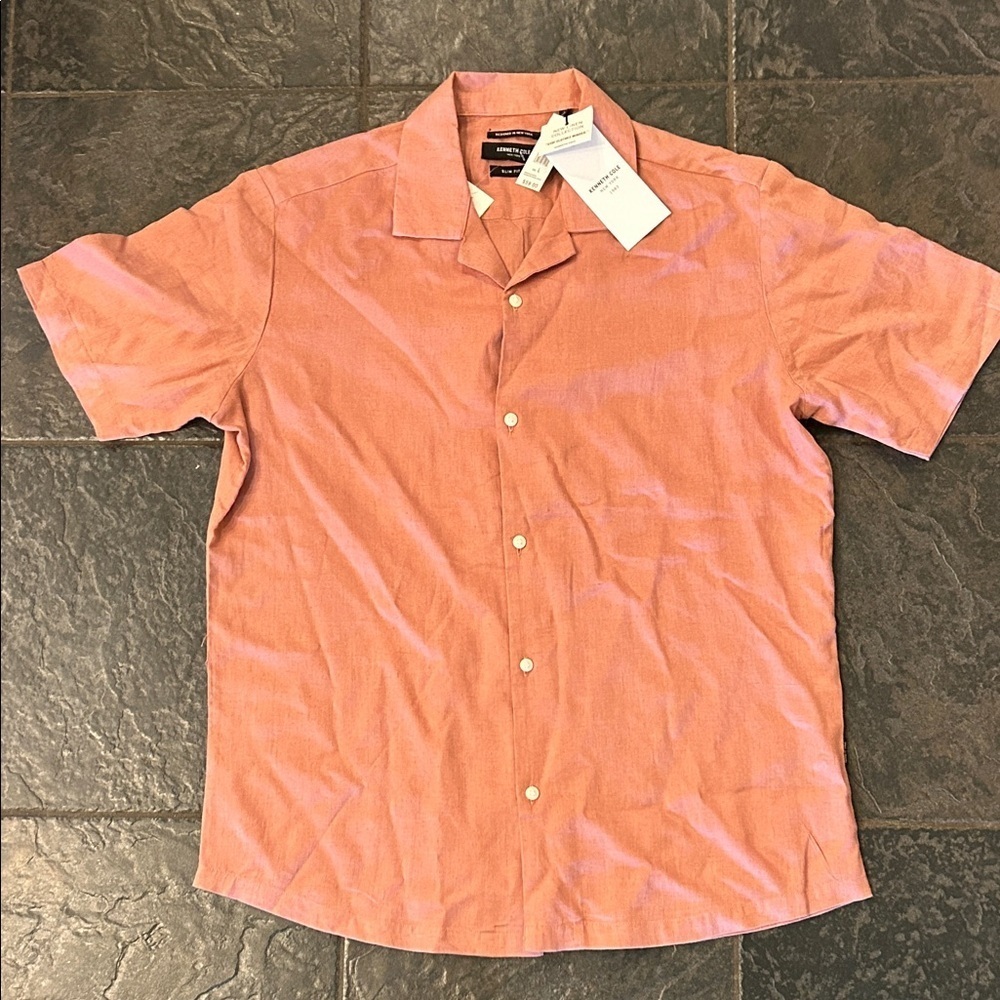 Kenneth Cole Men's Pink Casual Button Down Shirt, linen blend